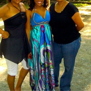 ARDEN B. Satin Paisley Maxi Dress - Halter Top - Blue w/ Gold Chain Link Detail